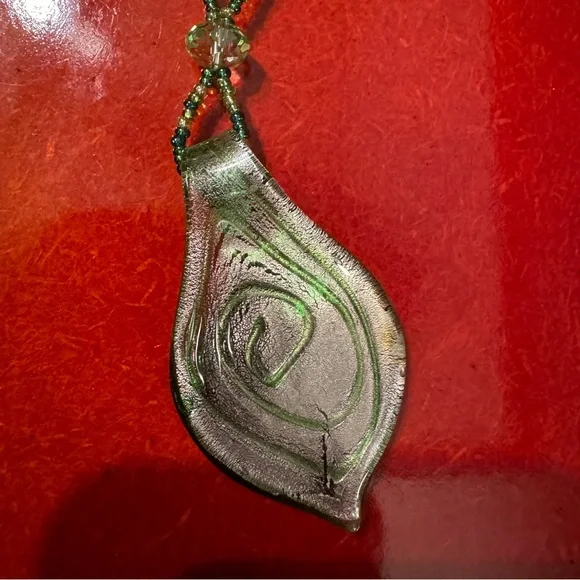Artisan Beaded Murano Glass Pendant Green & Silver Swirl Design All Glass Beads - Picture 3 of 9